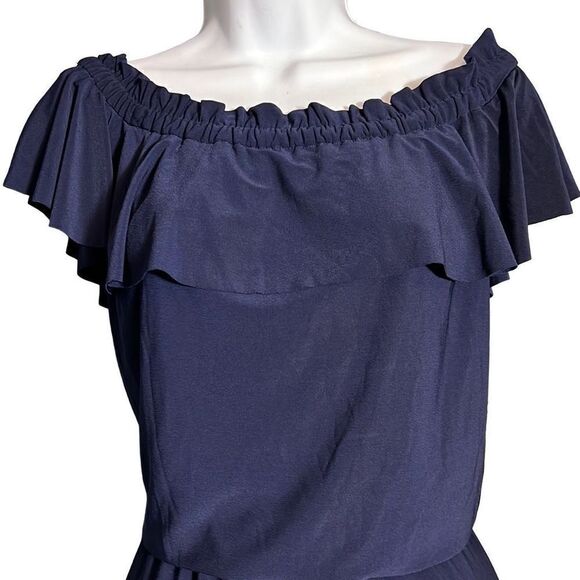 NWT Chaps Off Women Shoulder Ruffle Maxi Dress Navy Blue Size L - Picture 3 of 9